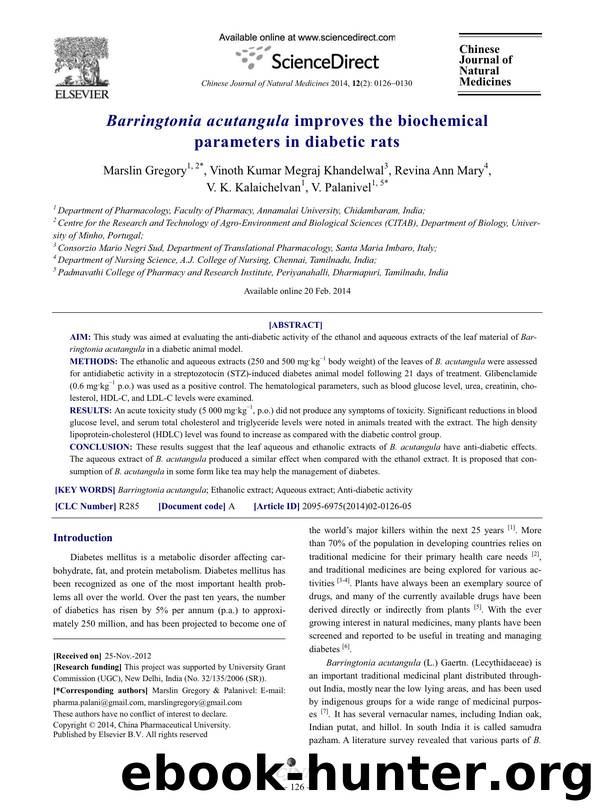 Barringtonia acutangula improves the biochemical parameters in diabetic rats by unknow