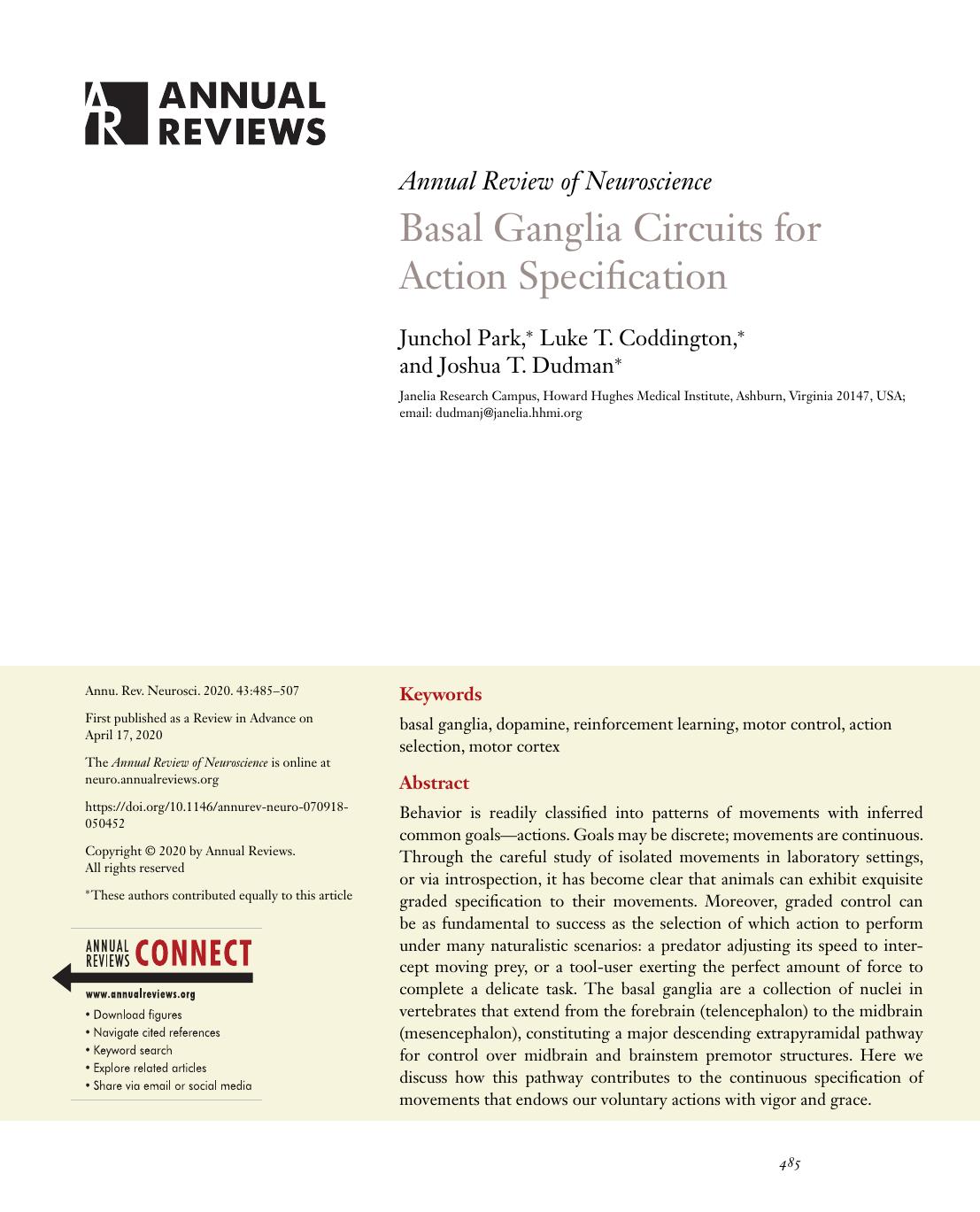 Basal Ganglia Circuits for Action Specification by Junchol Park Luke T. Coddington Joshua T. Dudman