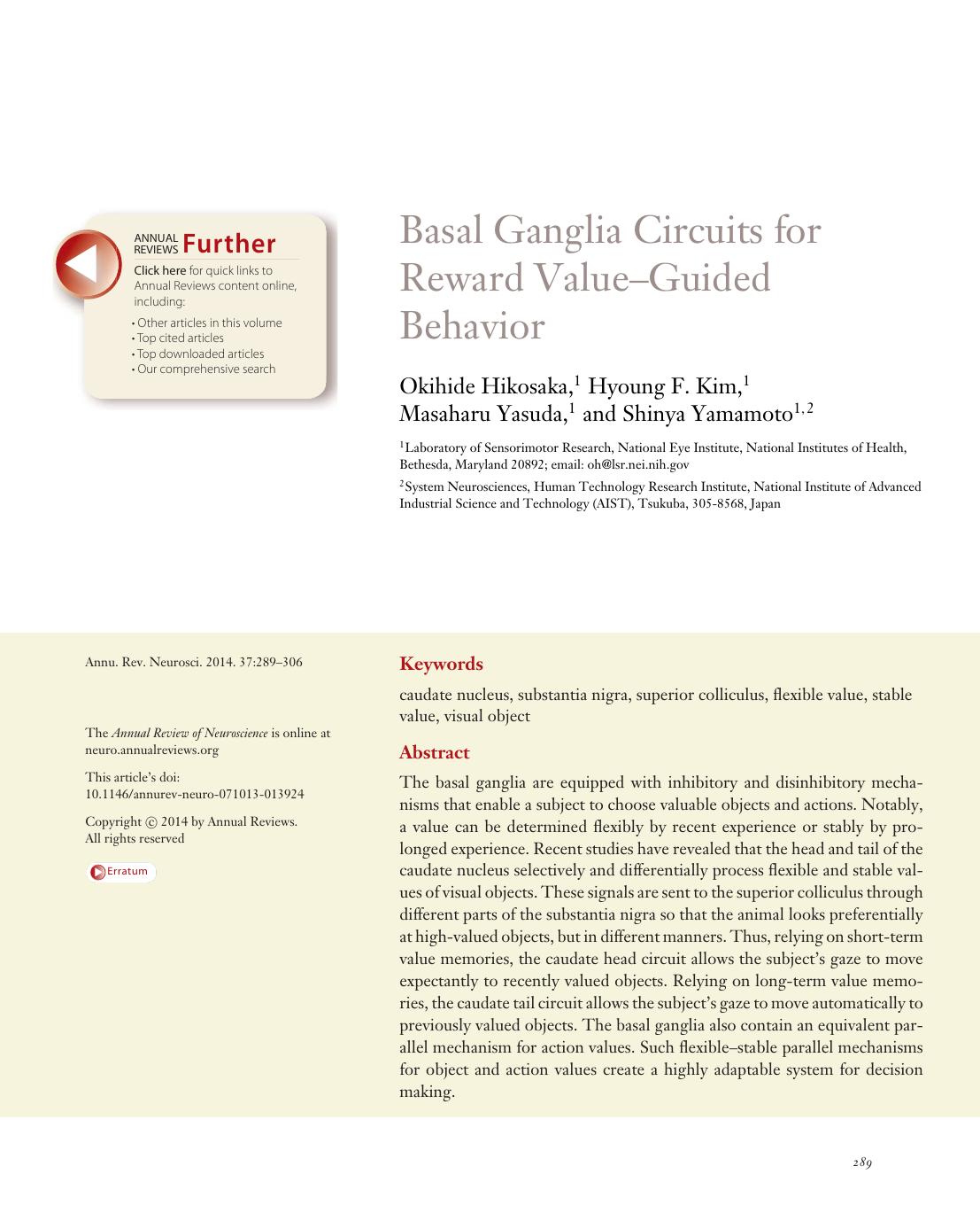 Basal Ganglia Circuits for Reward ValueâGuided Behavior by Okihide Hikosaka Hyoung F. Kim Masaharu Yasuda Shinya Yamamoto