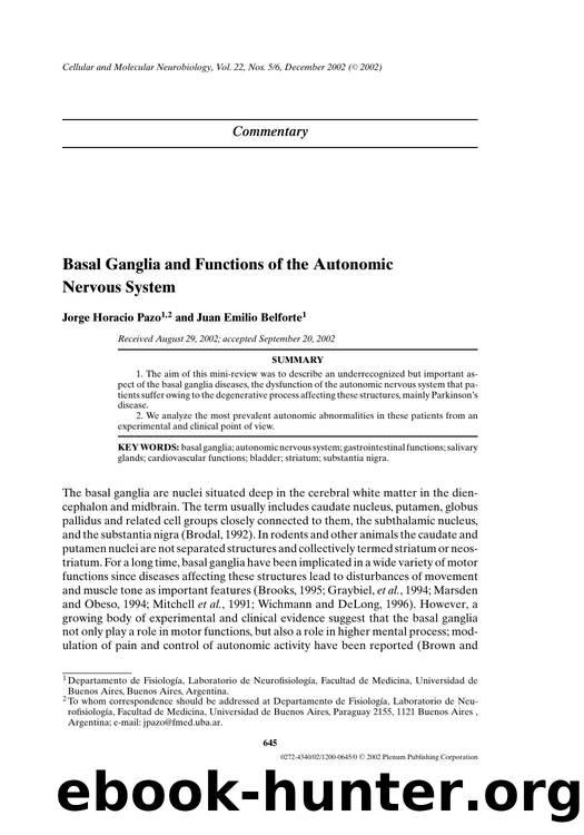 Basal Ganglia and Functions of the Autonomic Nervous System by Unknown