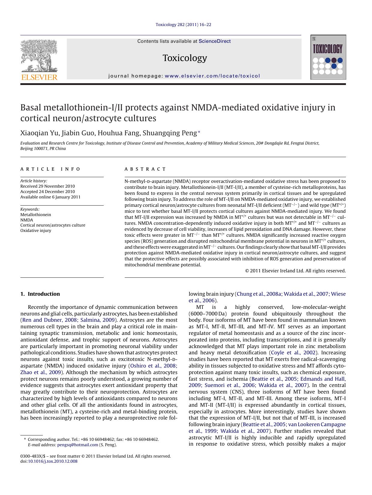 Basal metallothionein-III protects against NMDA-mediated oxidative injury in cortical neuronastrocyte cultures by Xiaoqian Yu