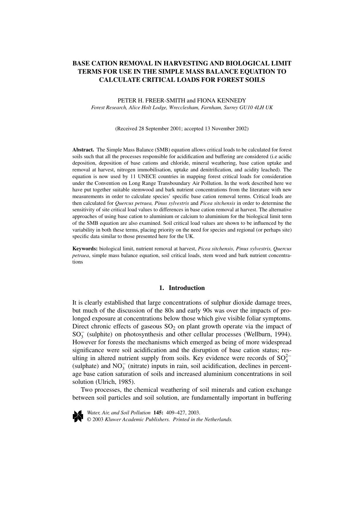 Base Cation Removal in Harvesting and Biological Limit Terms for Use in the Simple Mass Balance Equation to Calculate Critical Loads for Forest Soils by Unknown