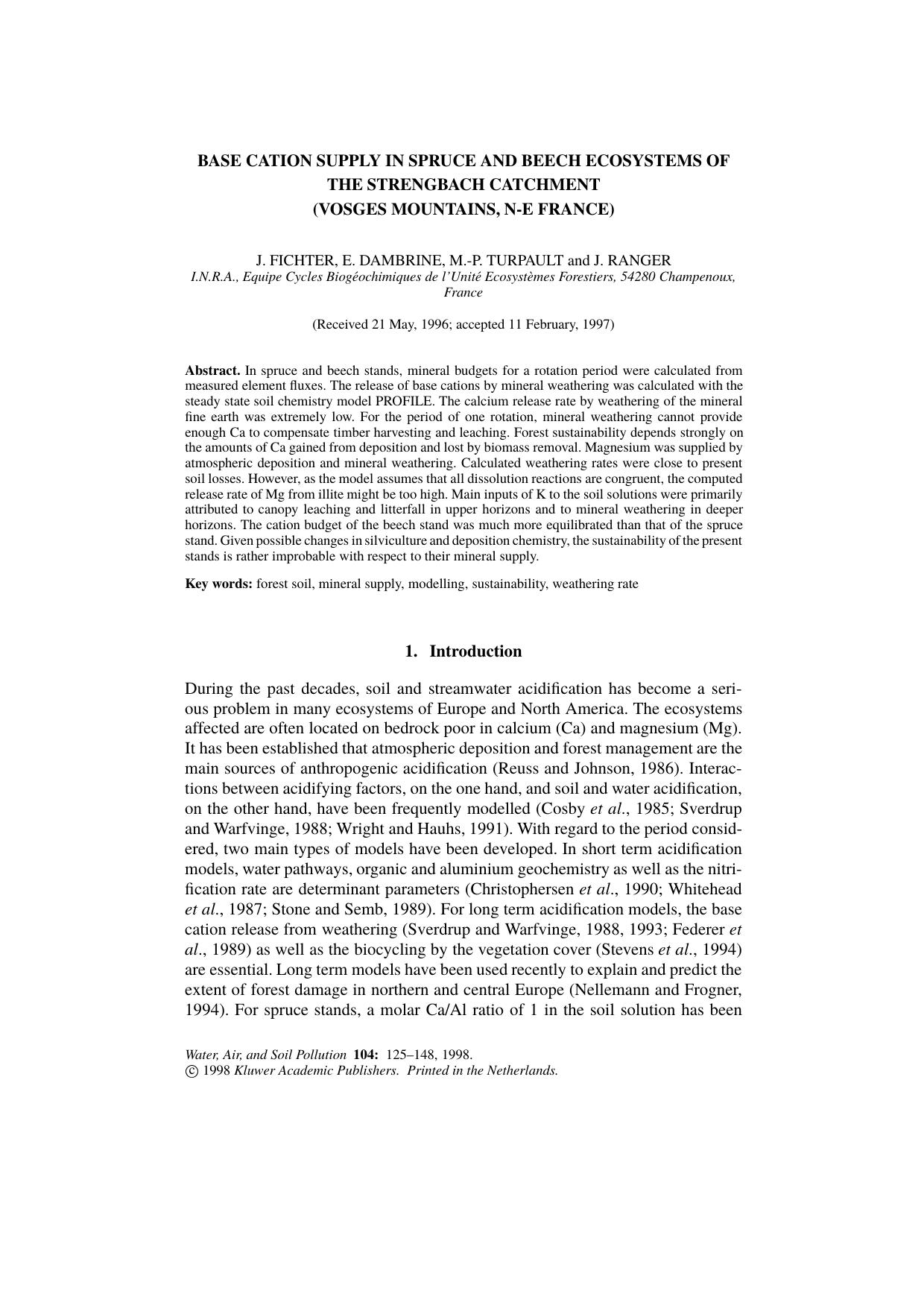 Base Cation Supply in Spruce and Beech Ecosystems of the Strengbach Catchment (Vosges Mountains, N-E France) by Unknown