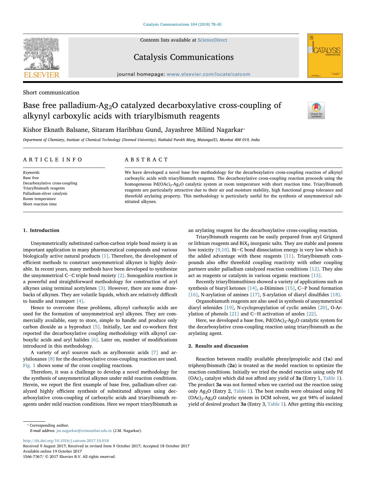 Base free palladium-Ag2O catalyzed decarboxylative cross-coupling of alkynyl carboxylic acids with triarylbismuth reagents by Kishor Eknath Balsane & Sitaram Haribhau Gund & Jayashree Milind Nagarkar