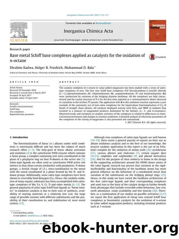 Base metal Schiff base complexes applied as catalysts for the oxidation of n-octane by Ebrahim Kadwa & Holger B. Friedrich & Muhammad D. Bala