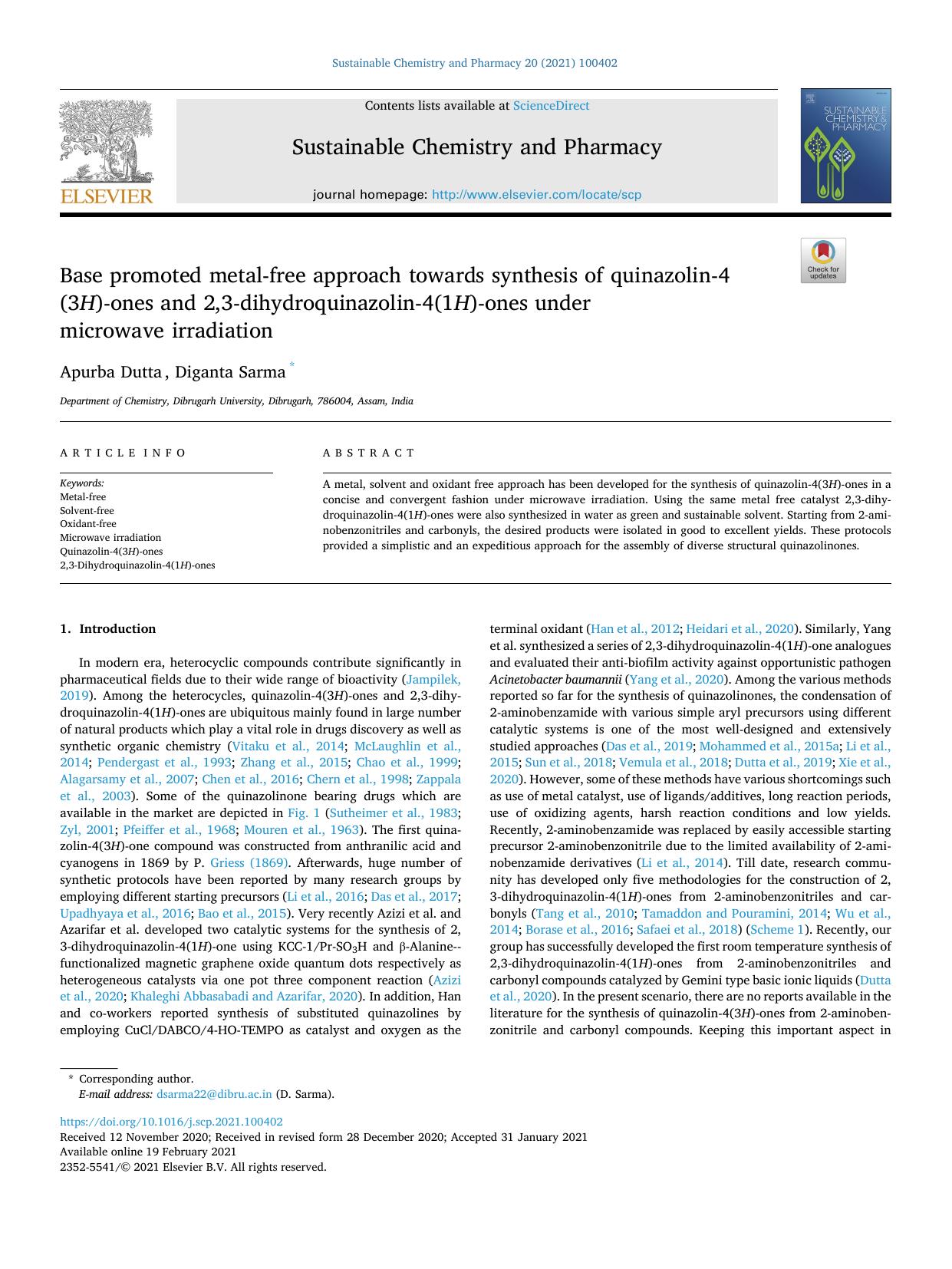 Base promoted metal-free approach towards synthesis of quinazolin-4(3 H )-ones and 2,3-dihydroquinazolin-4(1 H )-ones under microwave irradiation by Apurba Dutta & Diganta Sarma