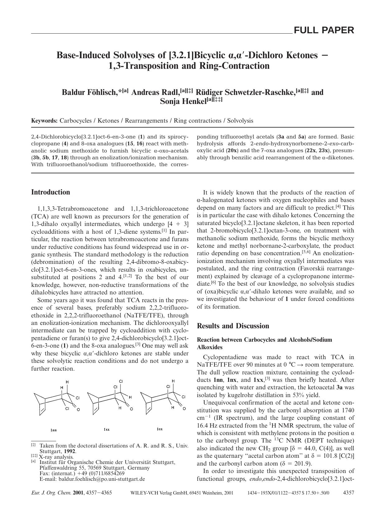 Base-Induced Solvolyses of [3.2.1]Bicyclic [alpha],[alpha][prime]-Dichloro Ketones - 1,3-Transposition and Ring-Contraction by Unknown