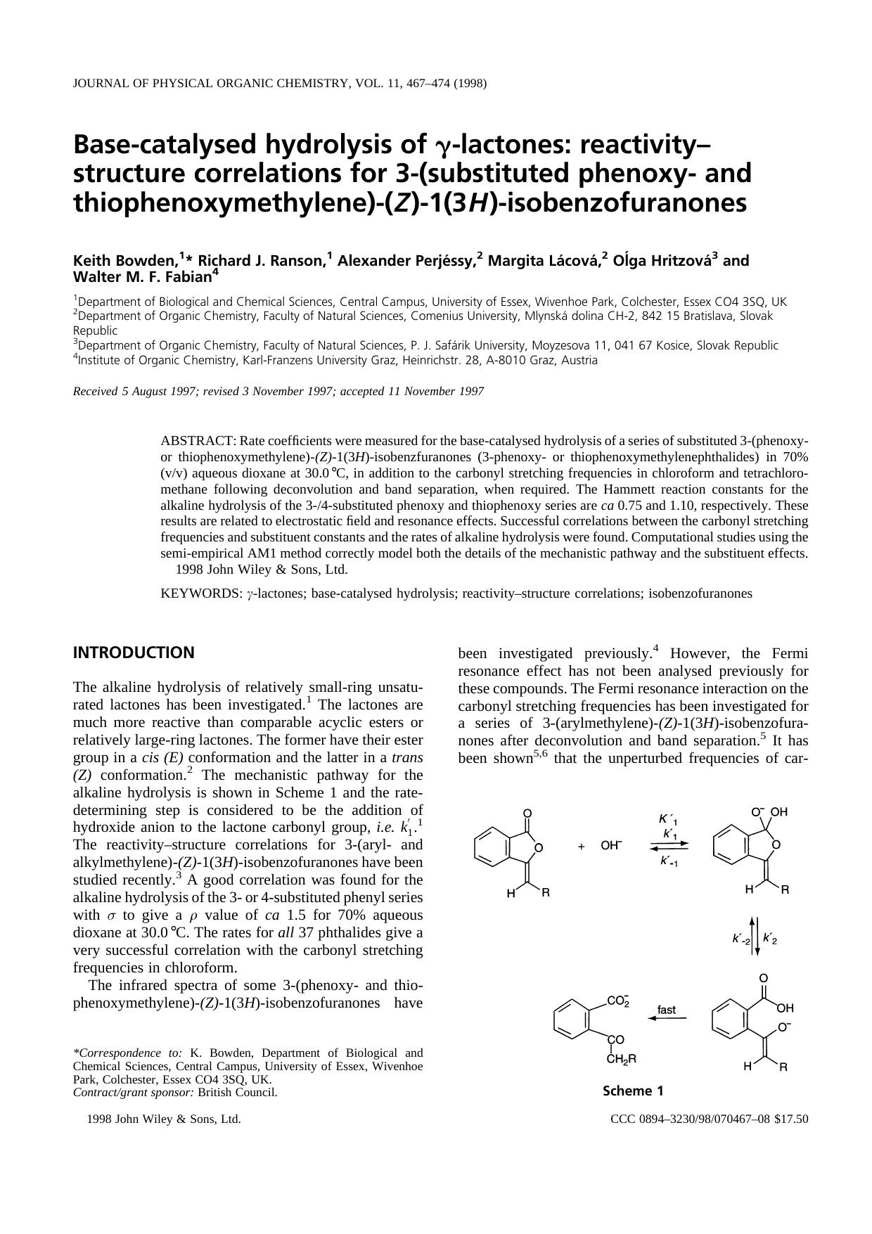 Base-catalysed hydrolysis of [ggr]-lactones: reactivity-structure correlations for 3-(substituted phenoxy- and thiophenoxymethylene)-(Z[thinsp])-1(3H[thinsp])-isobenzofuranones by Unknown