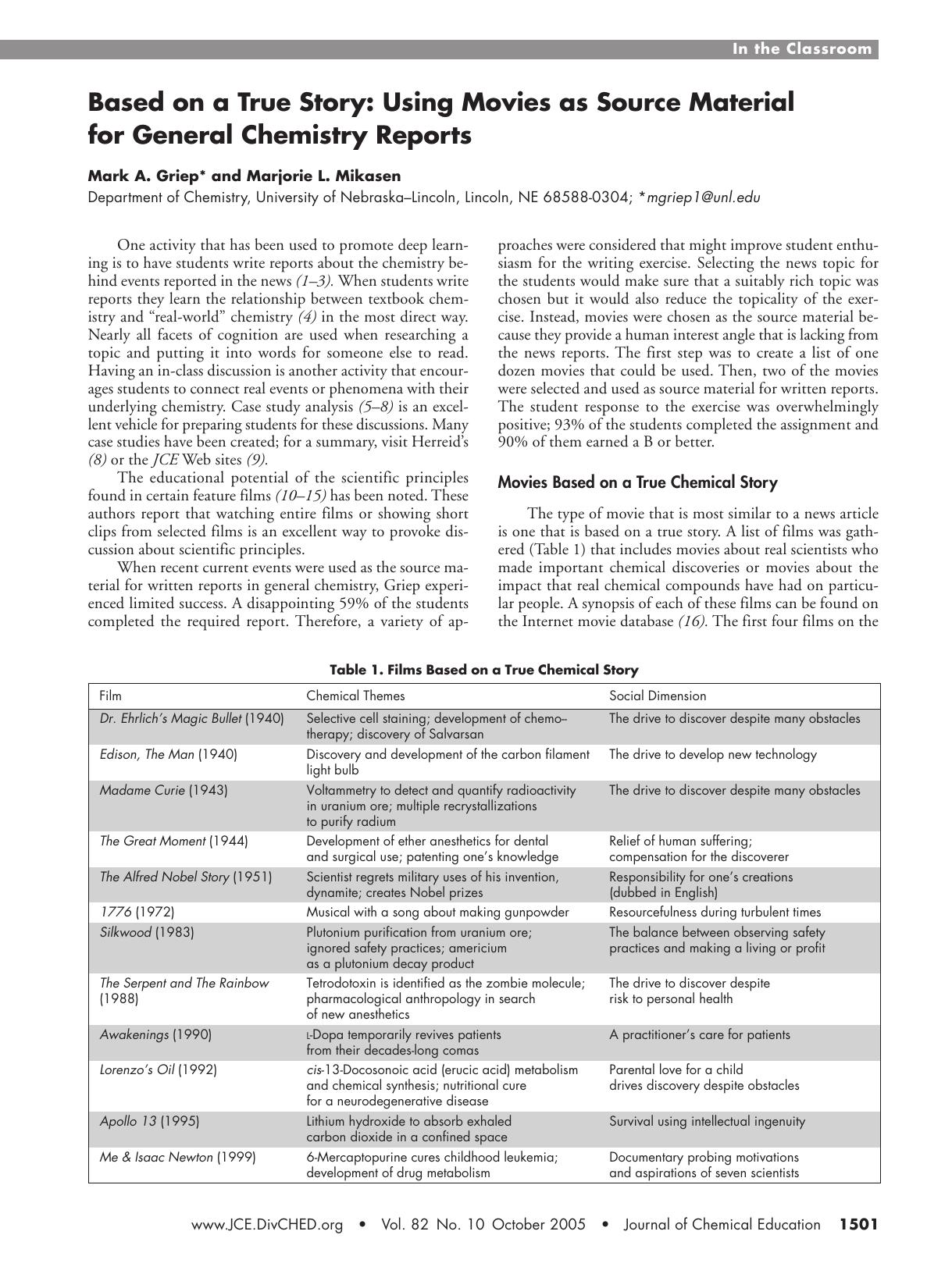 Based on a True Story: Using Movies as Source Material for General Chemistry Reports by Mark A. Griep & Marjorie L. Mikasen