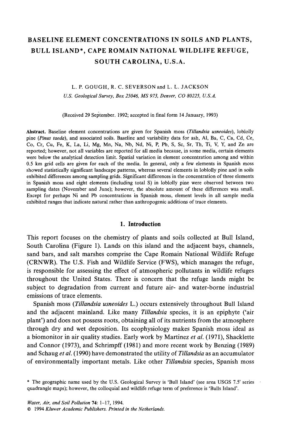 Baseline element concentrations in soils and plants, Bull Island, Cape Romain National Wildlife Refuge, South Carolina, U.S.A. by Unknown