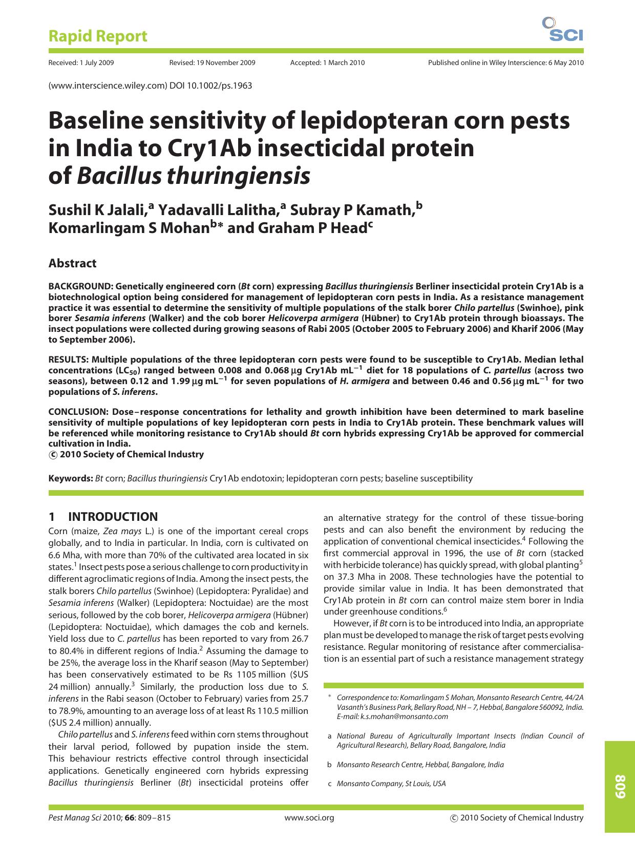 Baseline sensitivity of lepidopteran corn pests in India to Cry1Ab insecticidal protein of Bacillus thuringiensis by Unknown