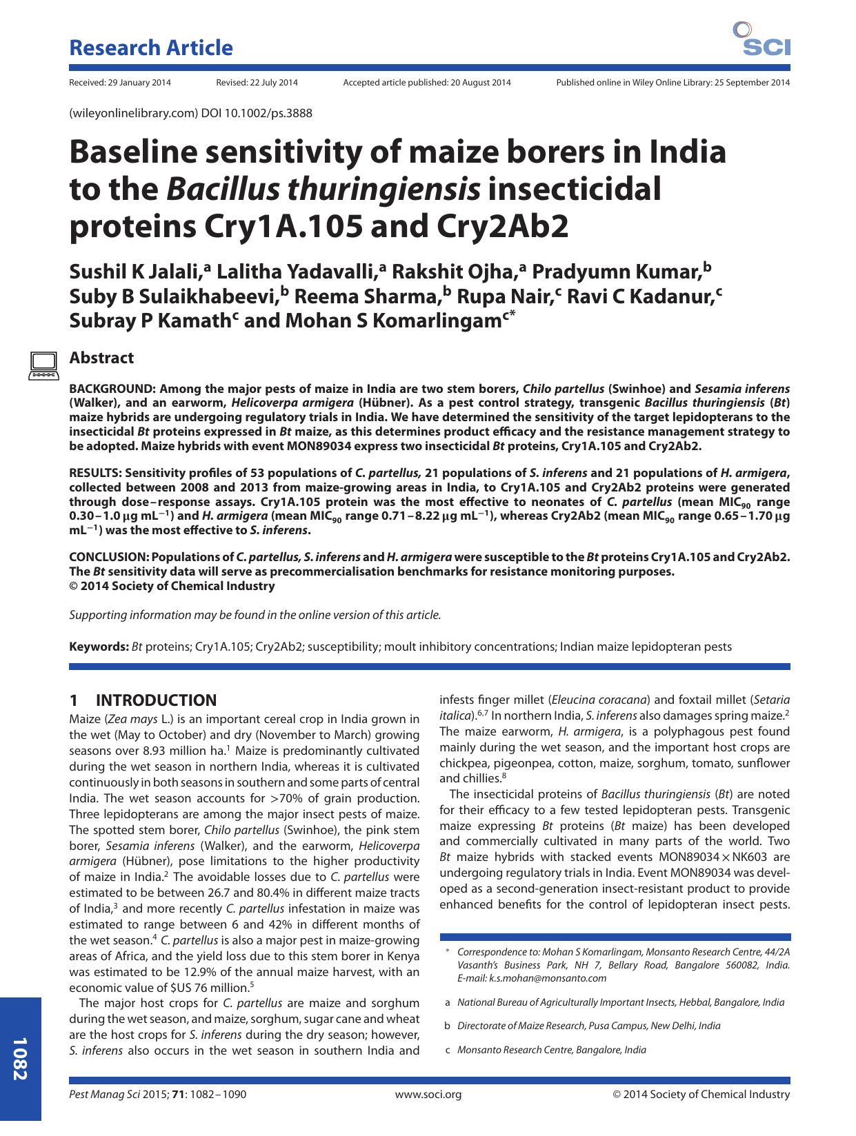 Baseline sensitivity of maize borers in India to the Bacillus thuringiensis insecticidal proteins Cry1A.105 and Cry2Ab2 by Unknown