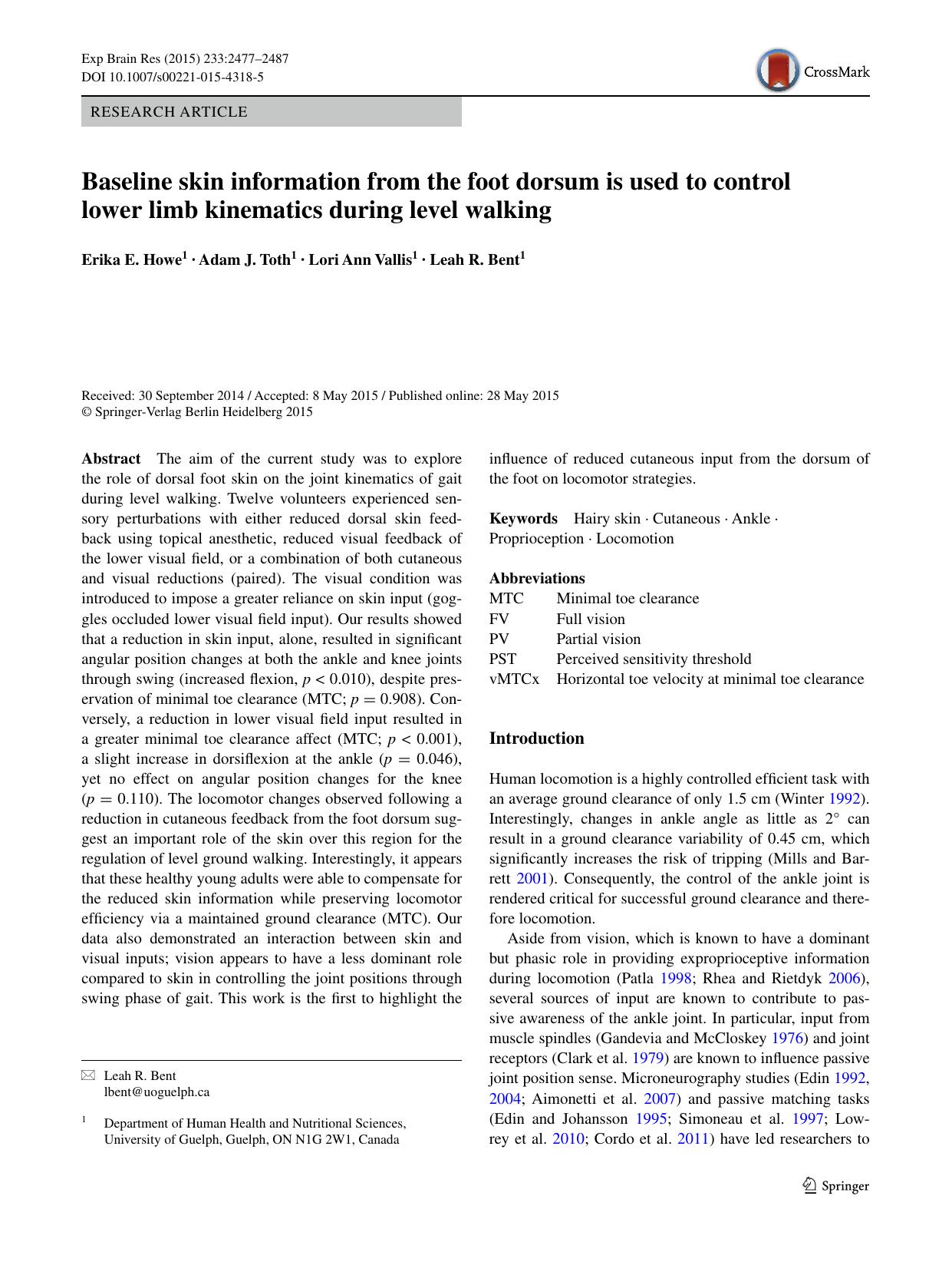 Baseline skin information from the foot dorsum is used to control lower limb kinematics during level walking by Erika E. Howe & Adam J. Toth & Lori Ann Vallis & Leah R. Bent