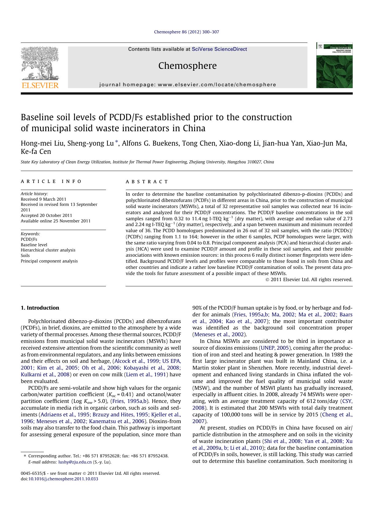 Baseline soil levels of PCDDFs established prior to the construction of municipal solid waste incinerators in China by unknow