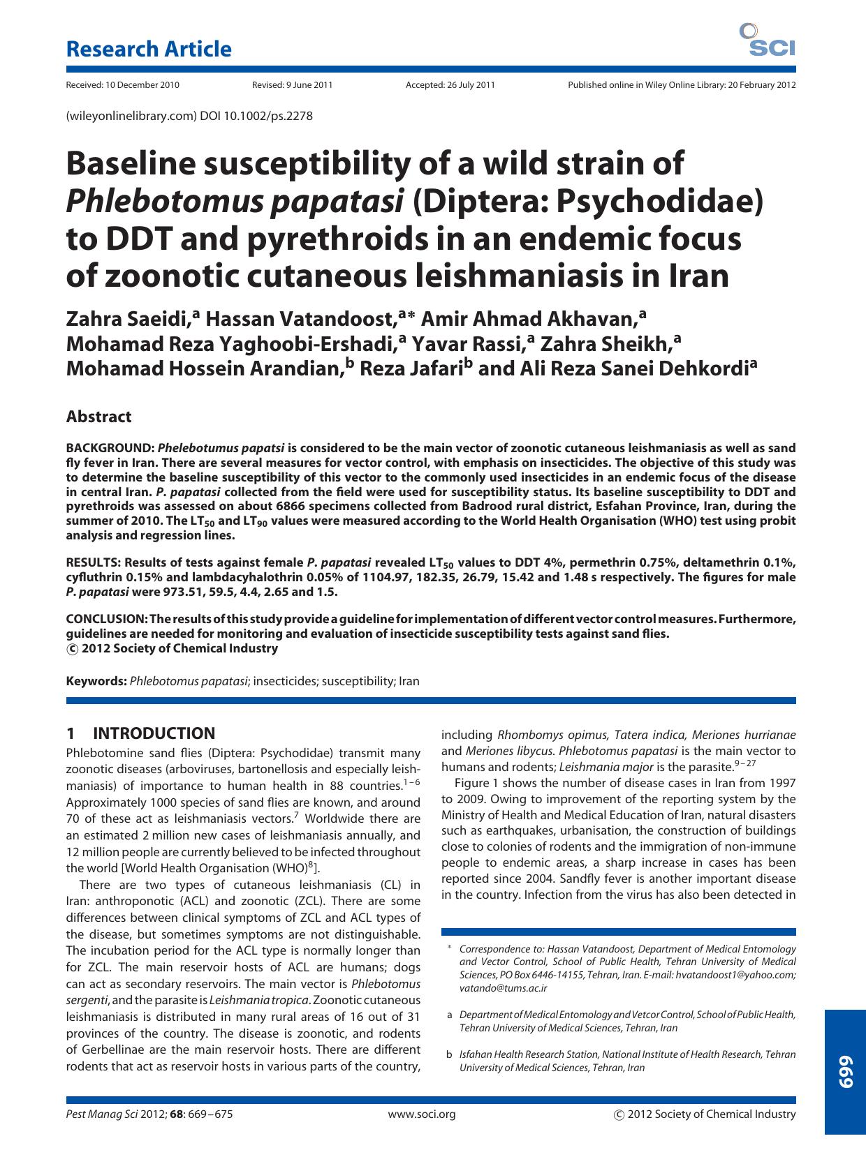 Baseline susceptibility of a wild strain of Phlebotomus papatasi (Diptera: Psychodidae) to DDT and pyrethroids in an endemic focus of zoonotic cutaneous leishmaniasis in Iran by Unknown