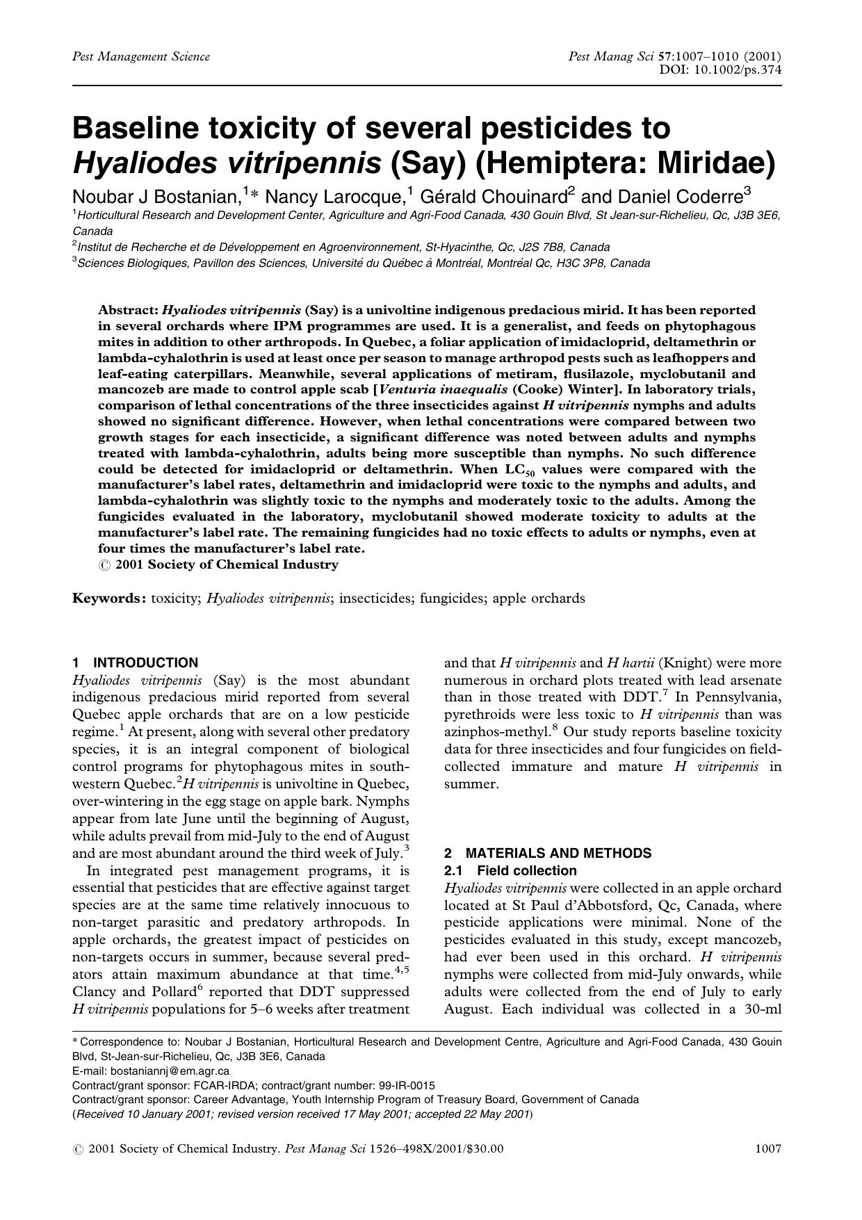 Baseline toxicity of several pesticides to Hyaliodes vitripennis (Say) (Hemiptera: Miridae) by Unknown