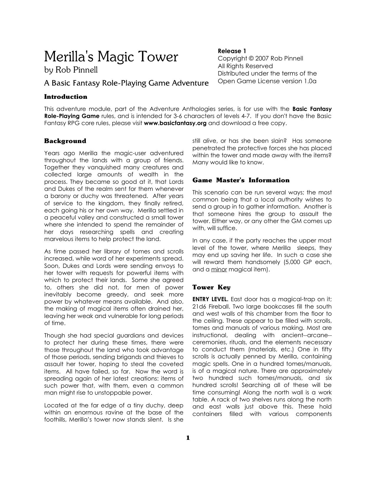 Basic Fantasy Merilla's Magic Tower by Chris Gonnerman