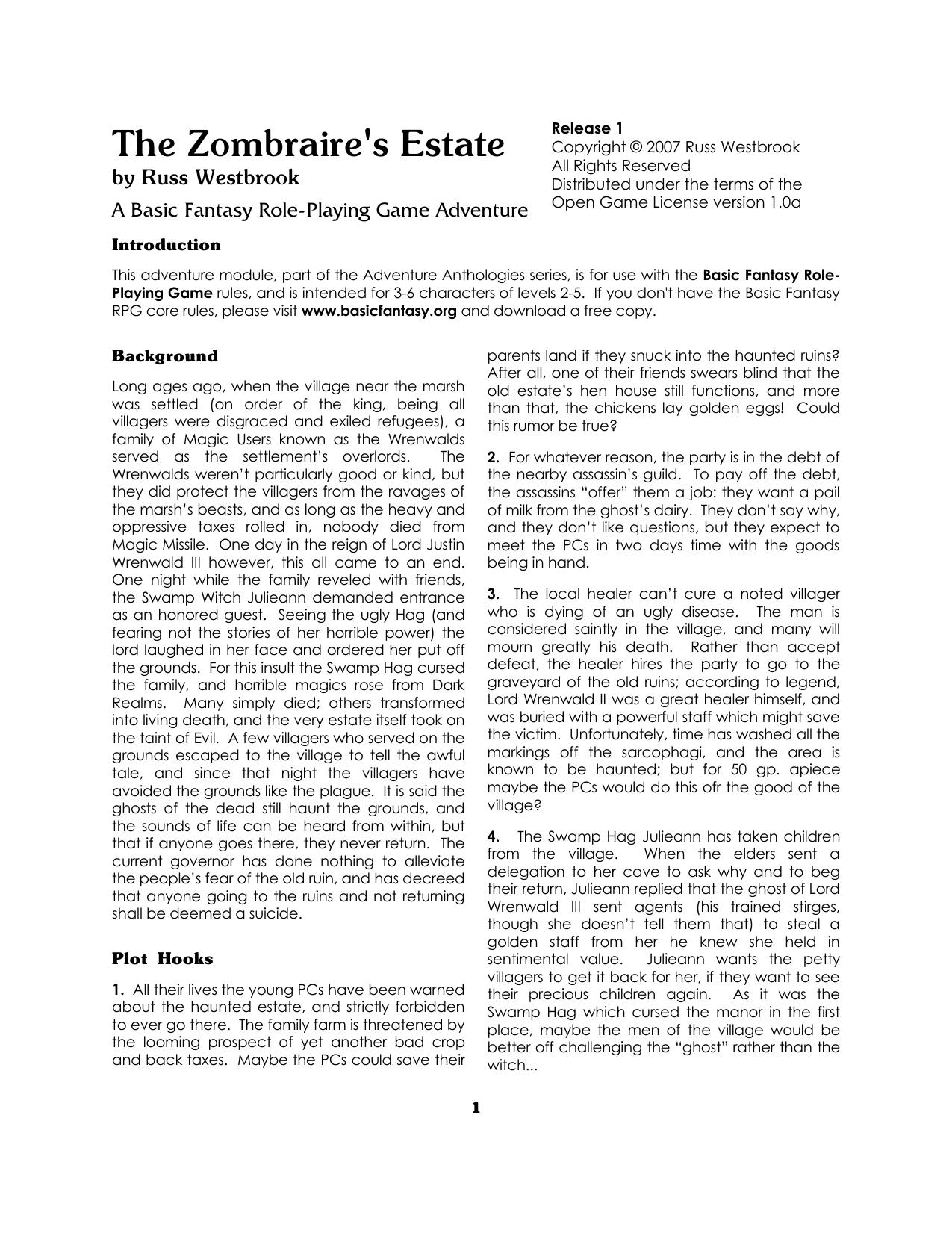 Basic Fantasy The Zombraire's Estate by Chris Gonnerman