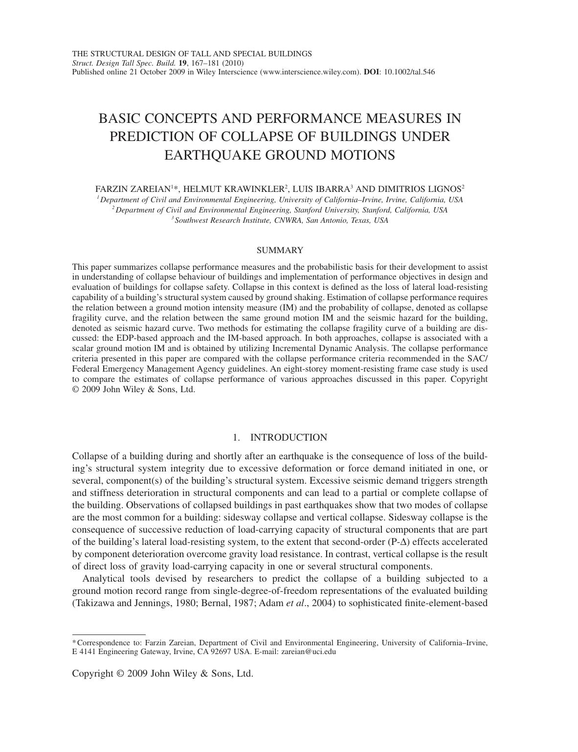 Basic concepts and performance measures in prediction of collapse of buildings under earthquake ground motions by pc_251