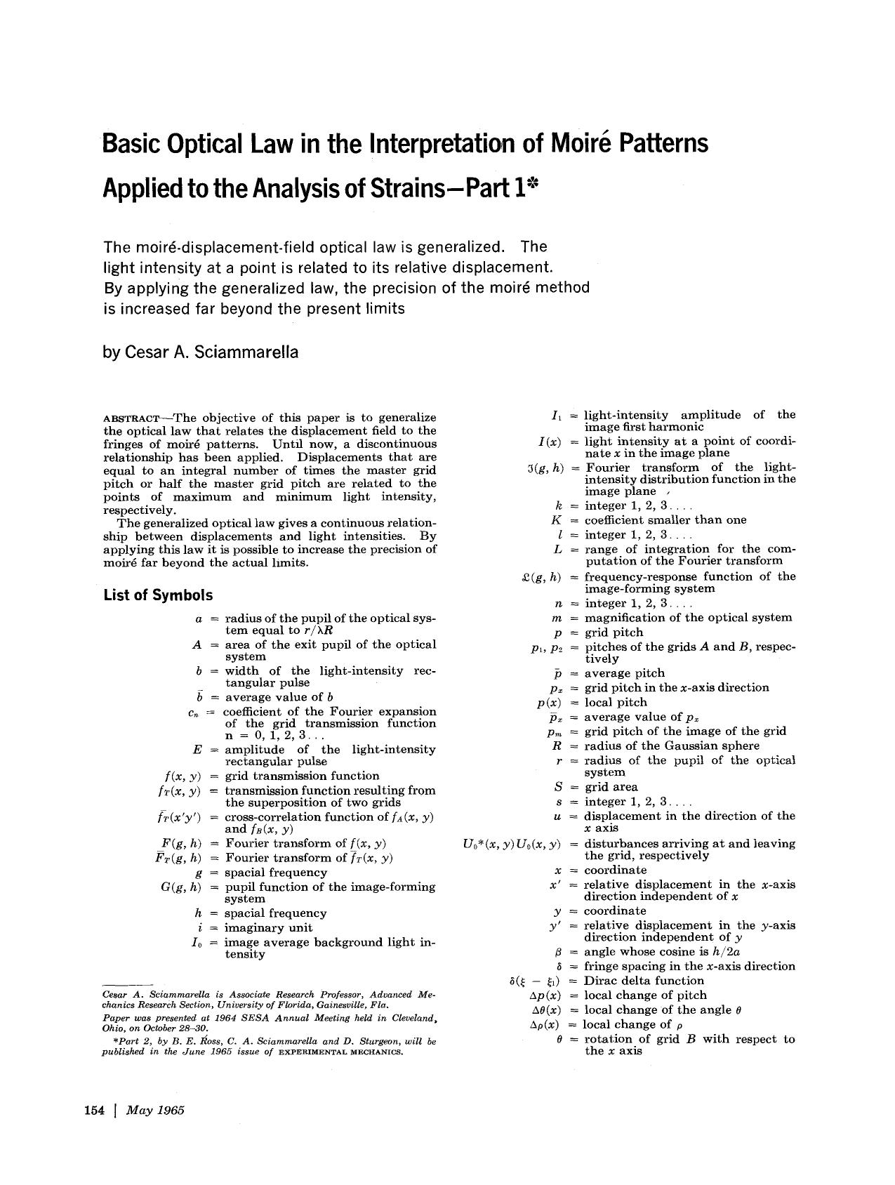 Basic optical law in the interpretation of moiré patterns applied to the analysis of strains—part 1 by Unknown