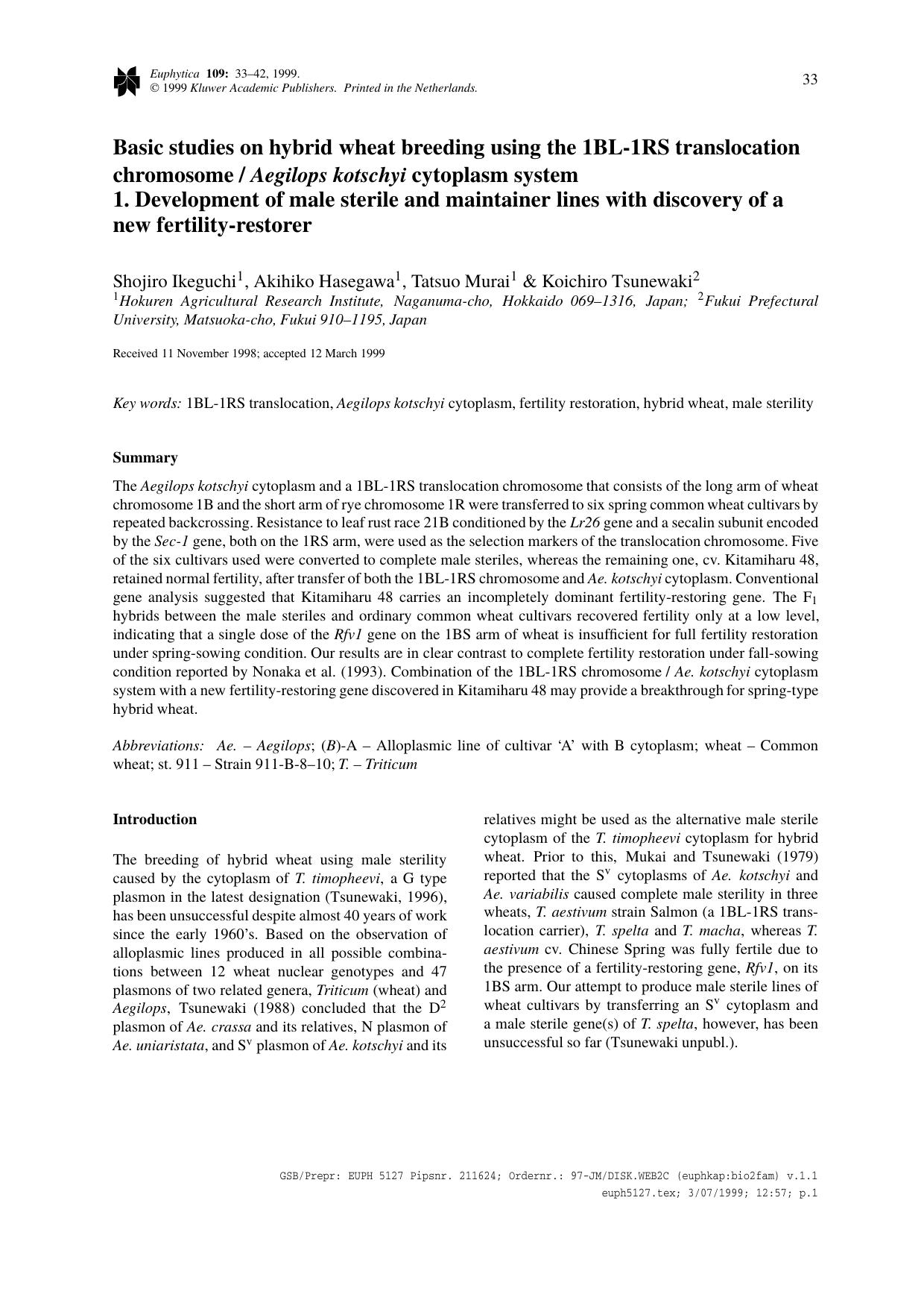 Basic studies on hybrid wheat breeding using the 1BL-1RS translocation chromosome Aegilops kotschyi cytoplasm system 1. Development of male sterile and maintainer lines with disco by Unknown