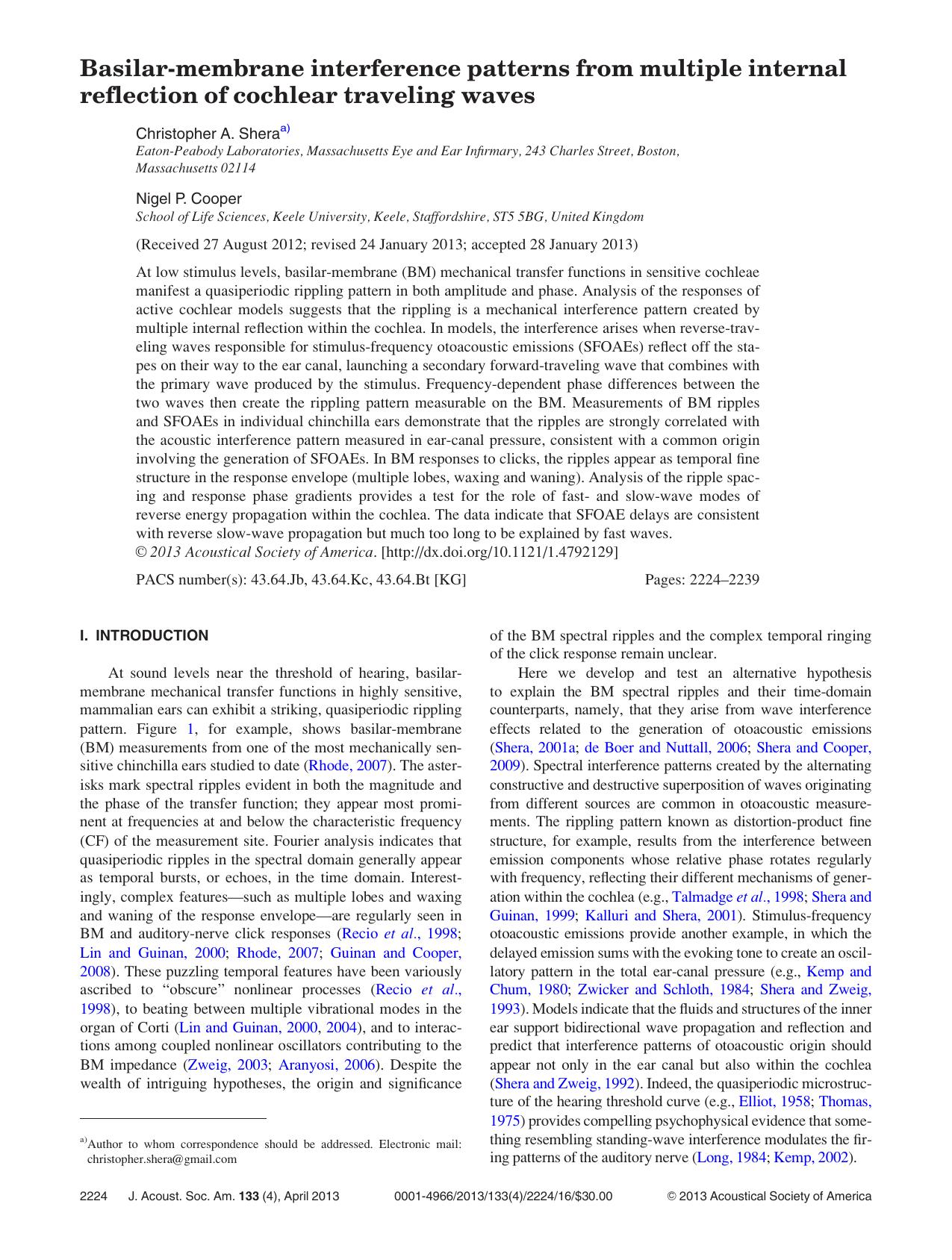 Basilar-membrane interference patterns from multiple internal reflection of cochlear traveling waves by Christopher A. Sheraa) and Nigel P. Cooper