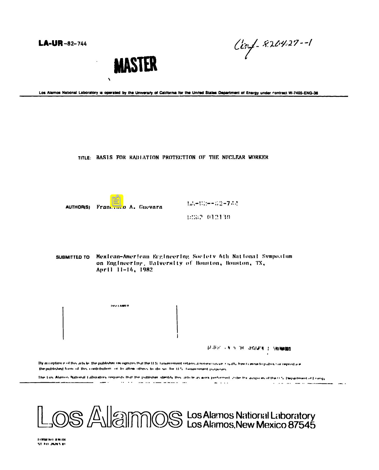 Basis for radiation protection of the nuclear worker None by LANL Research Library LWW Project
