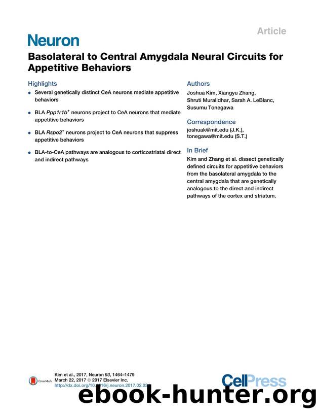 Basolateral to Central Amygdala Neural Circuits for Appetitive Behaviors by Joshua Kim & Xiangyu Zhang & Shruti Muralidhar & Sarah A. LeBlanc & Susumu Tonegawa