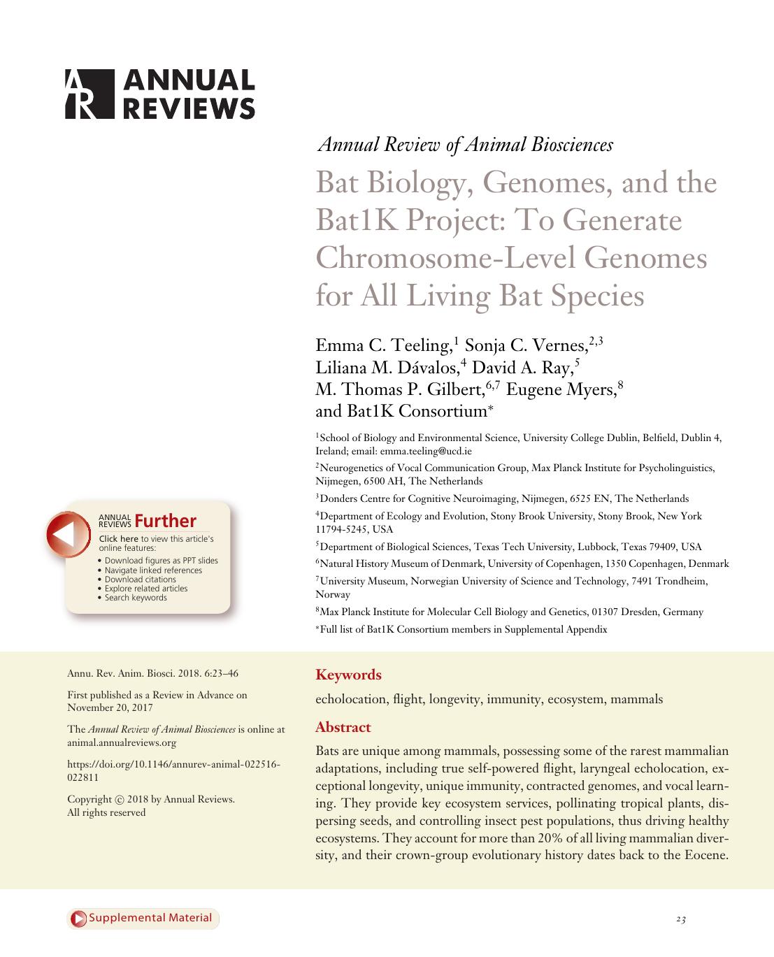 Bat Biology, Genomes, and the Bat1K Project: To Generate Chromosome-Level Genomes for All Living Bat Species by unknow