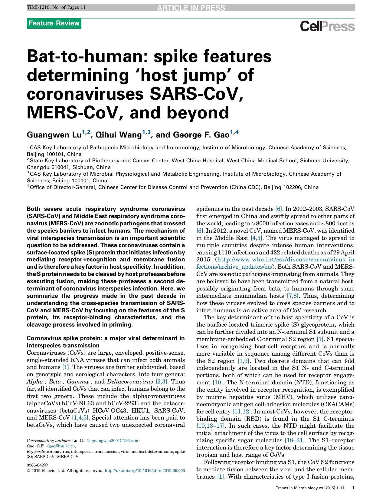 Bat-to-human: spike features determining ‘host jump’ of coronaviruses SARS-CoV, MERS-CoV, and beyond by Guangwen Lu & Qihui Wang & George F. Gao