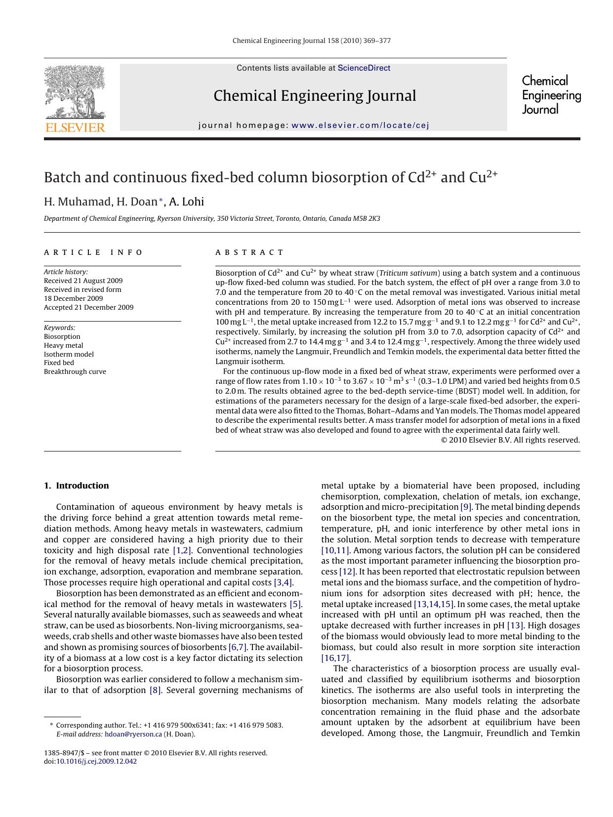 Batch and continuous fixed-bed column biosorption of Cd2+ and Cu2+ by H. Muhamad; H. Doan; A. Lohi