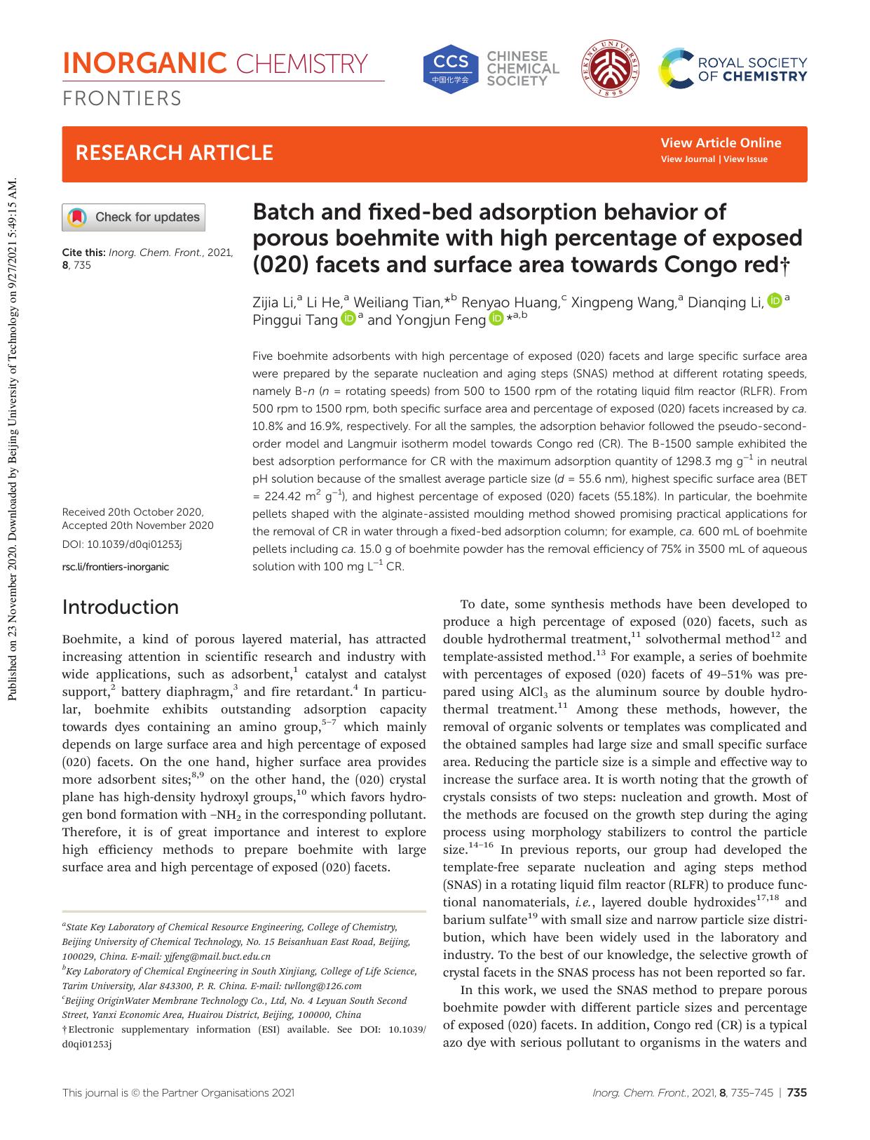 Batch and fixed-bed adsorption behavior of porous boehmite with high percentage of exposed (020) facets and surface area towards Congo red by Zijia Li Li He Weiliang Tian Renyao Huang Xingpeng Wang Dianqing Li Pinggui Tang Yongjun Feng