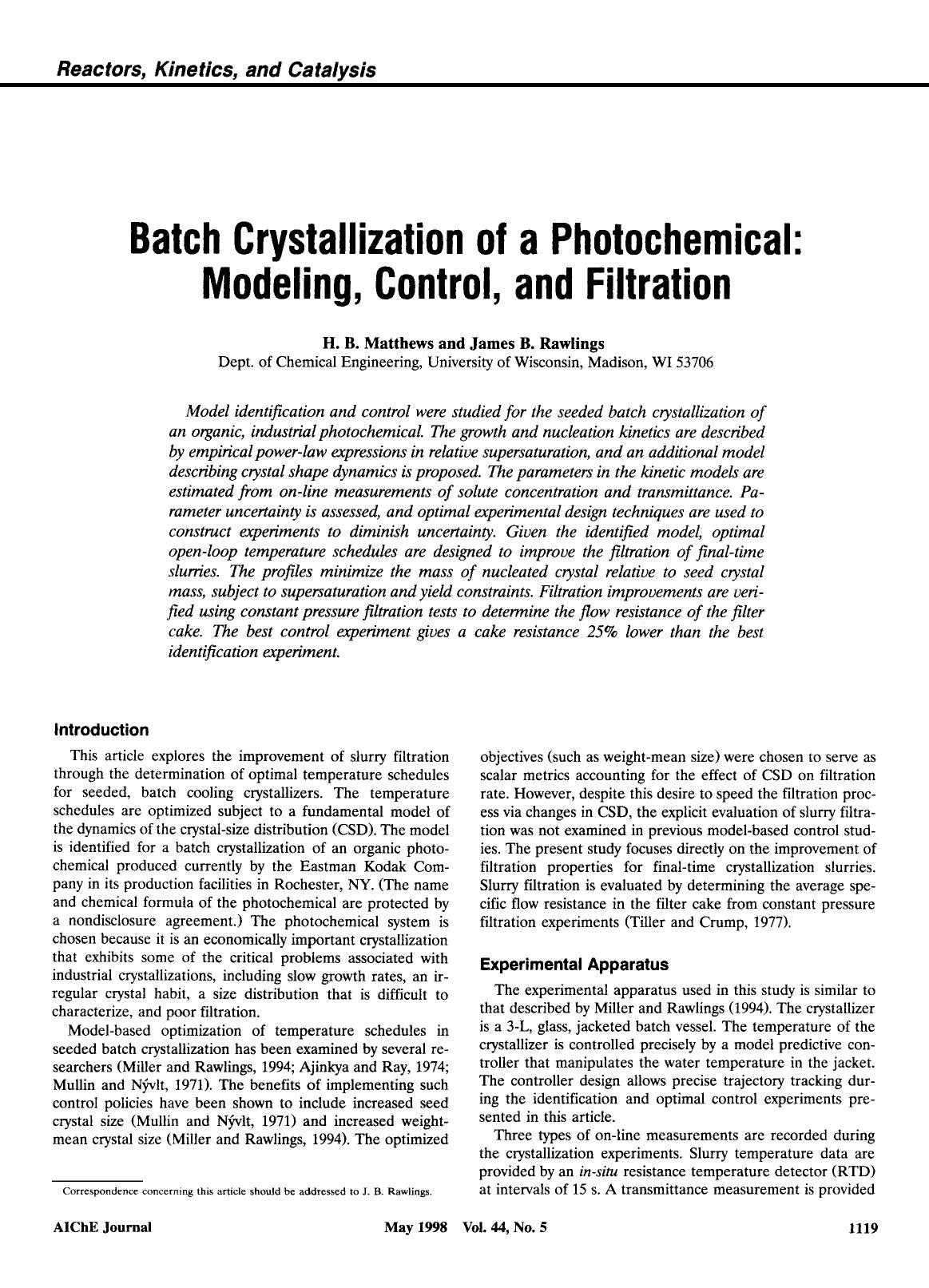 Batch crystallization of a photochemical: Modeling, control, and filtration by Unknown