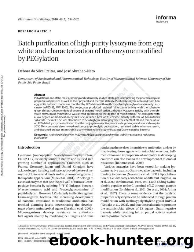 Batch purification of high-purity lysozyme from egg white and characterization of the enzyme modified by PEGylation by Débora da Silva Freitas & José Abrahão-Neto