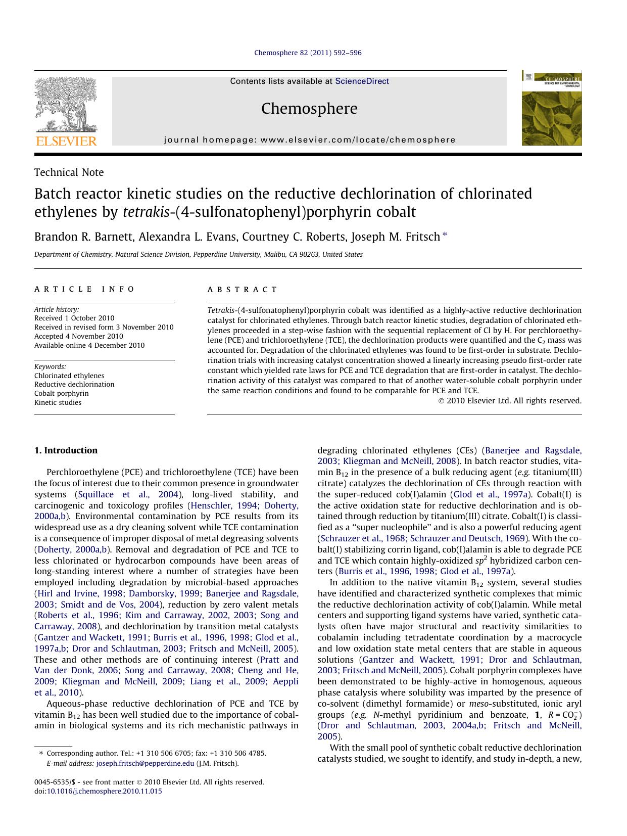 Batch reactor kinetic studies on the reductive dechlorination of chlorinated ethylenes by tetrakis-(4-sulfonatophenyl)porphyrin cobalt by Brandon R. Barnett & Alexandra L. Evans & Courtney C. Roberts & Joseph M. Fritsch
