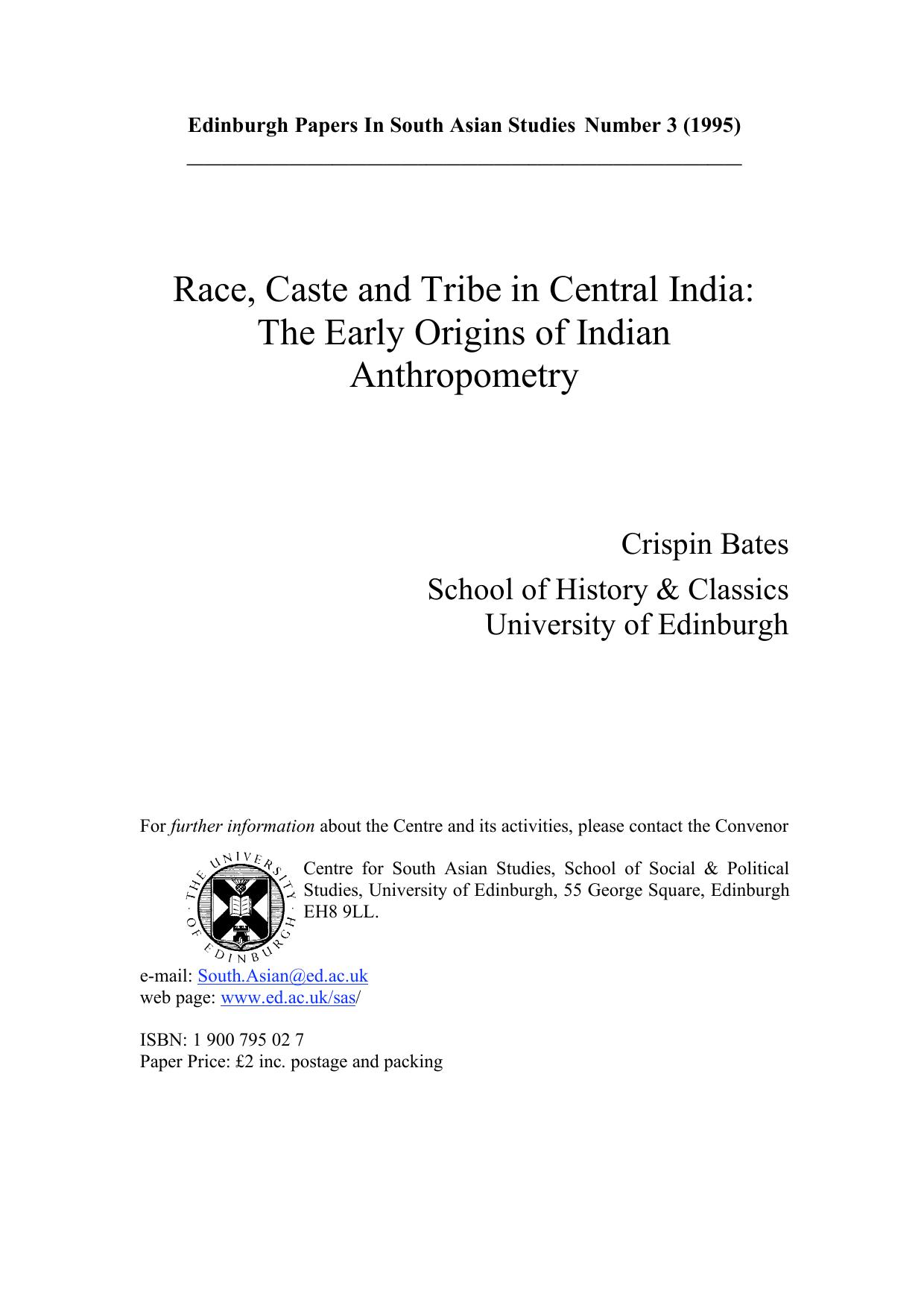 Bates by Race Caste & Tribe in Central India; the Early Origins of Indian Anthropometry (1995)