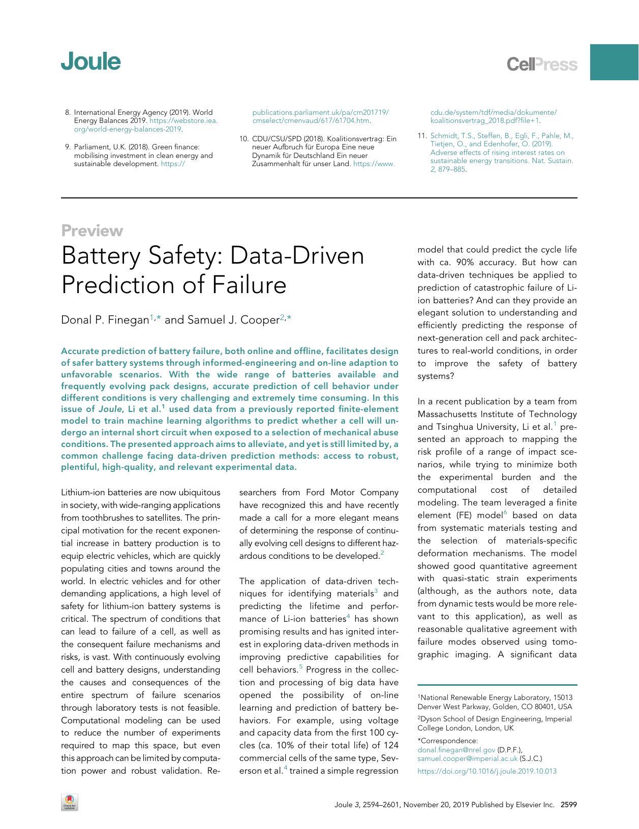Battery Safety: Data-Driven Prediction of Failure by Donal P. Finegan & Samuel J. Cooper