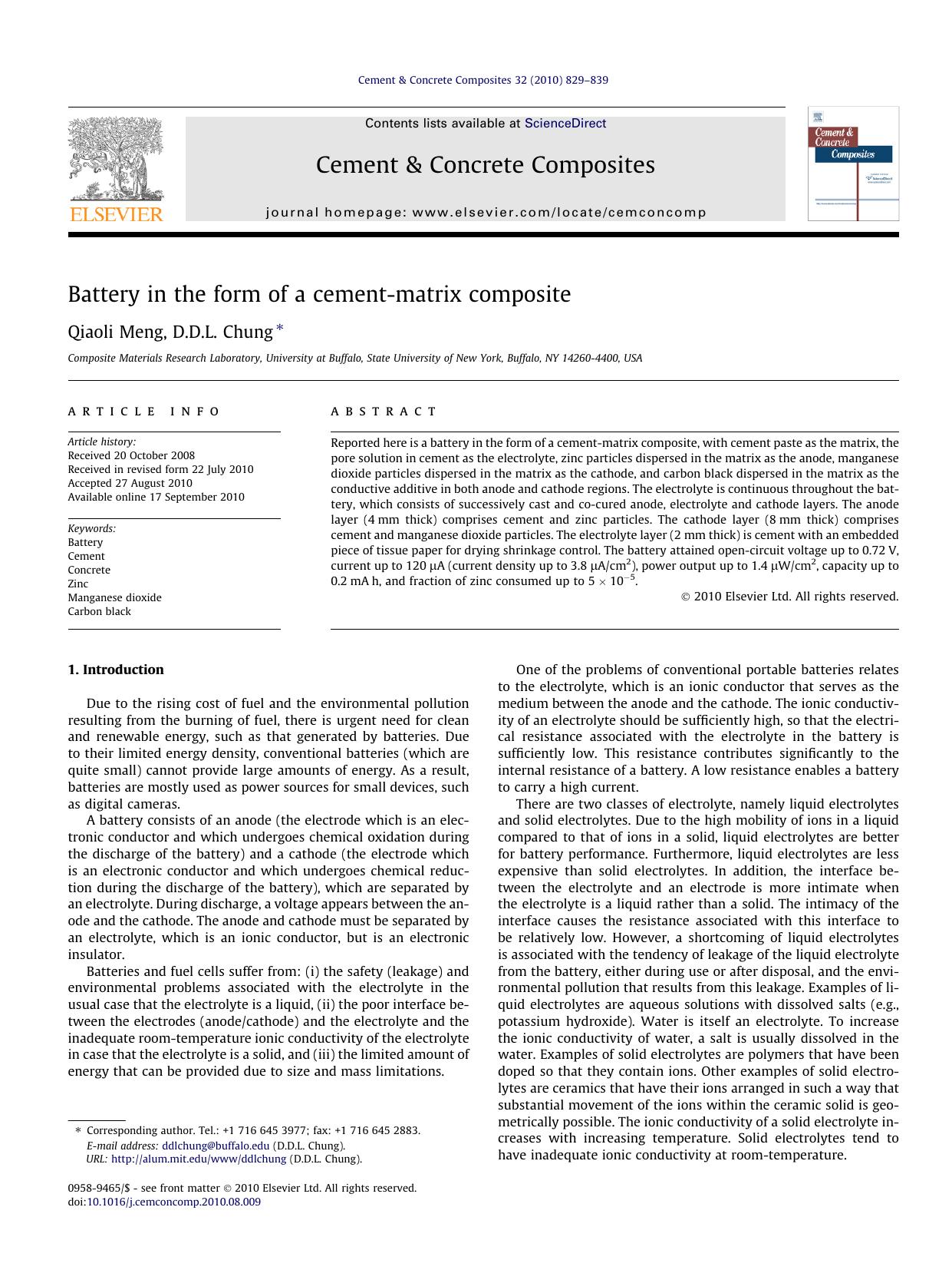 Battery in the form of a cement-matrix composite by Qiaoli Meng & D.D.L. Chung