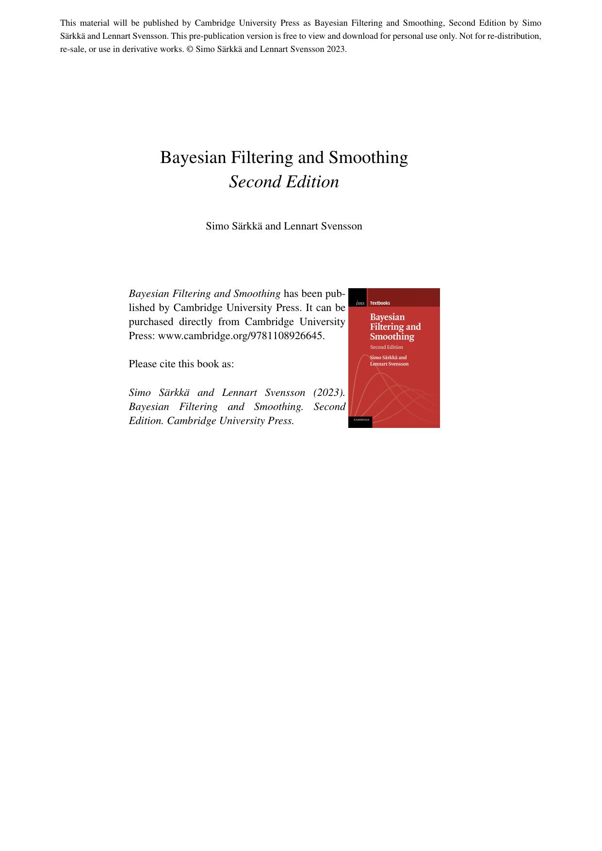 Bayesian Filtering and Smoothing by Simo Särkkä; Lennart Svensson