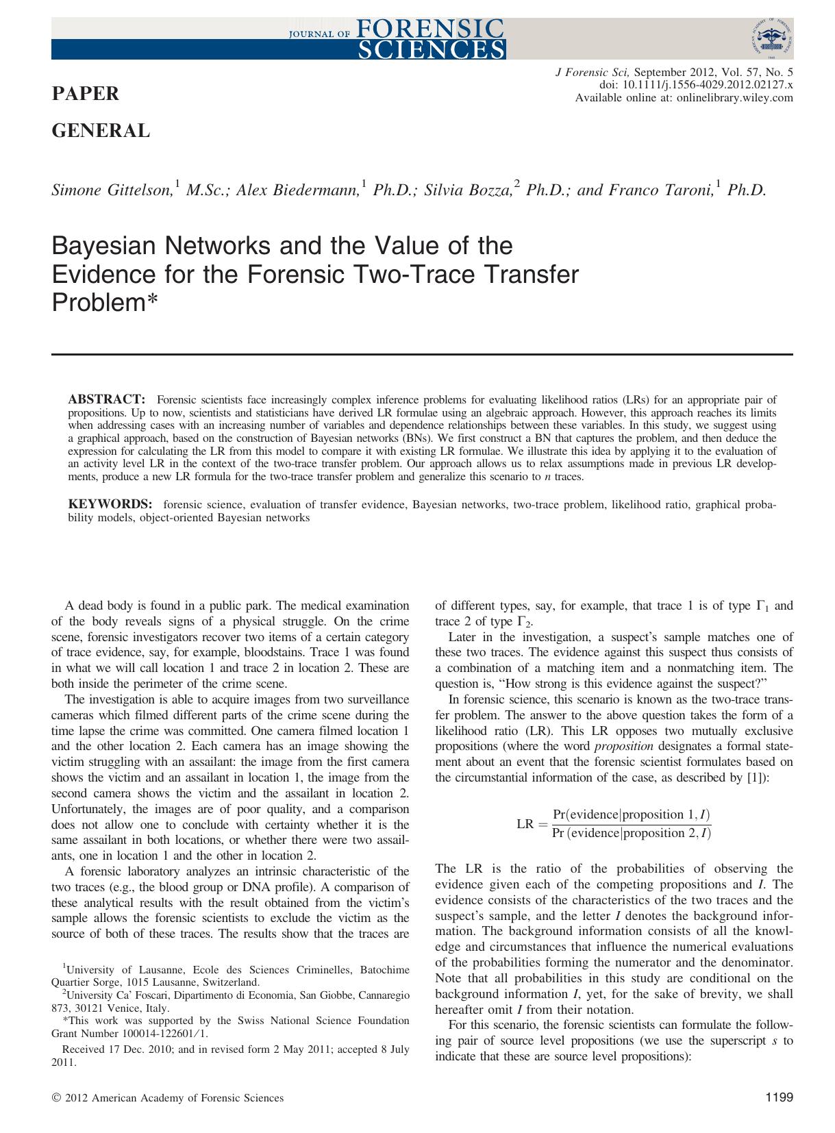 Bayesian Networks and the Value of the Evidence for the Forensic TwoÃ¢â¢âTrace Transfer Problem* by Unknown