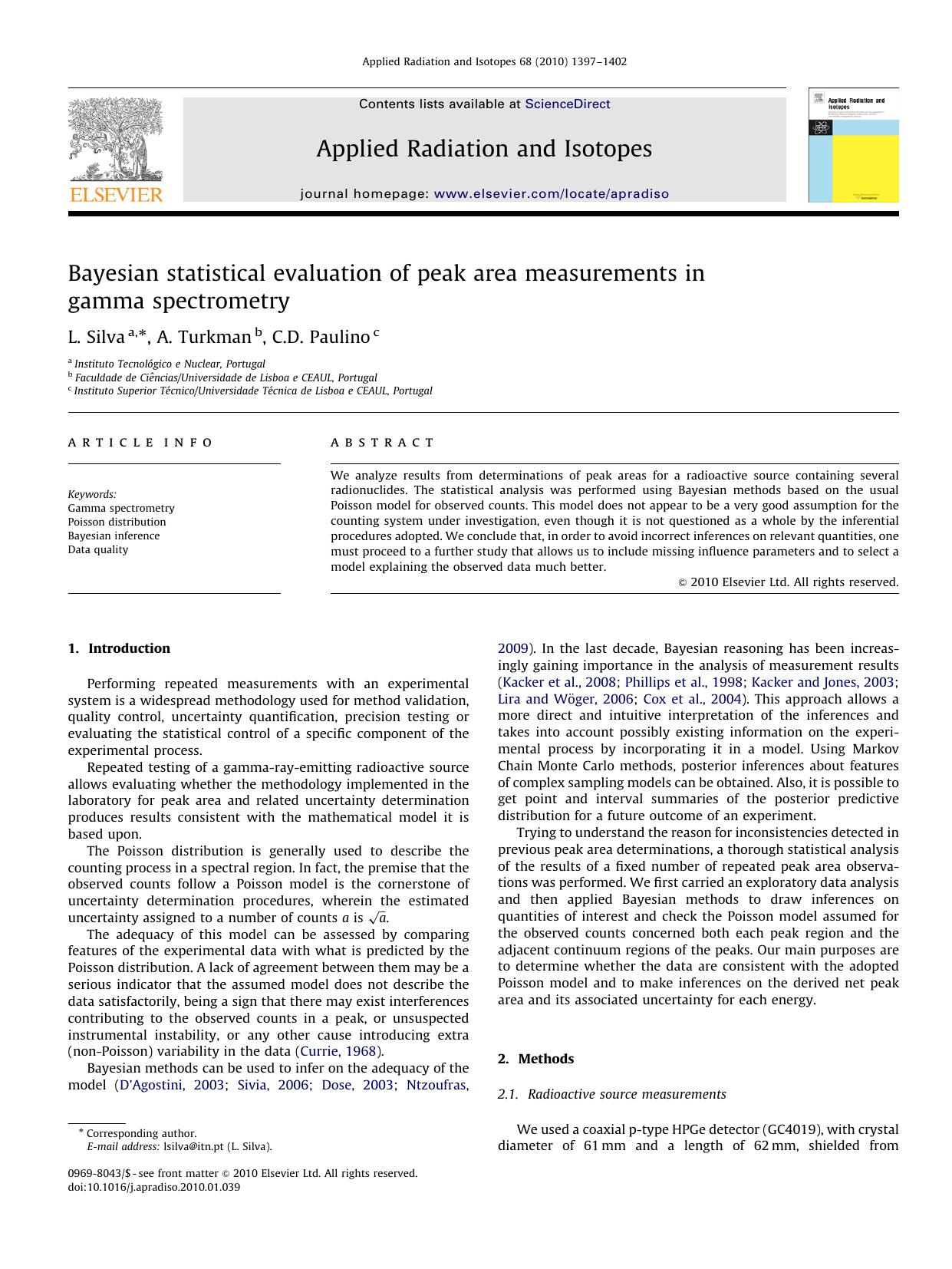 Bayesian statistical evaluation of peak area measurements in gamma spectrometry by L. Silva; A. Turkman; C.D. Paulino