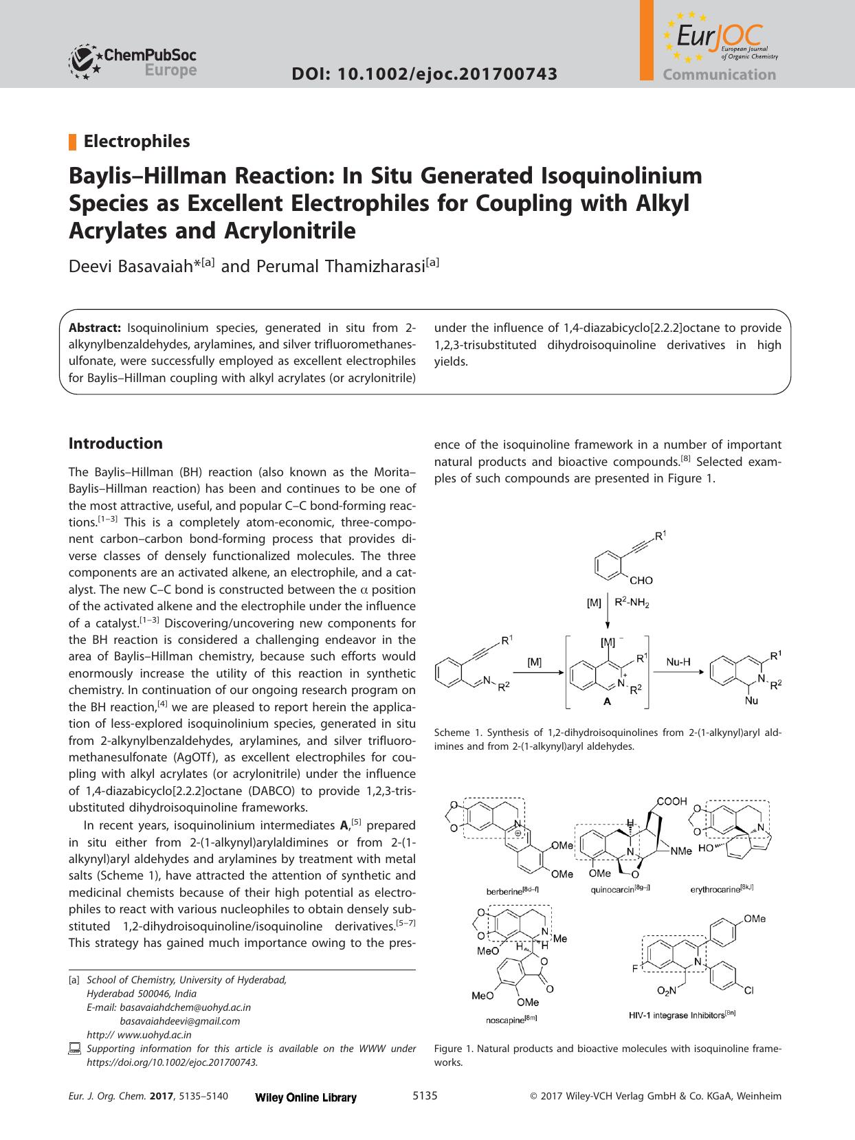 Baylis–Hillman Reaction: In Situ Generated Isoquinolinium Species as Excellent Electrophiles for Coupling with Alkyl Acrylates and Acrylonitrile by Unknown