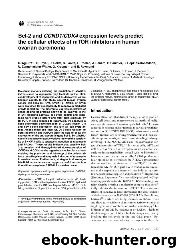 Bcl-2 and <Emphasis Type="Italic">CCND1CDK4<Emphasis> expression levels predict the cellular effects of mTOR inhibitors in human ovarian carcinoma by Unknown