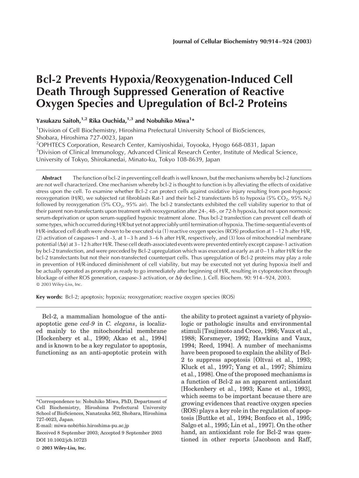 Bcl-2 prevents hypoxiareoxygenation-induced cell death through suppressed generation of reactive oxygen species and upregulation of Bcl-2 proteins by Unknown