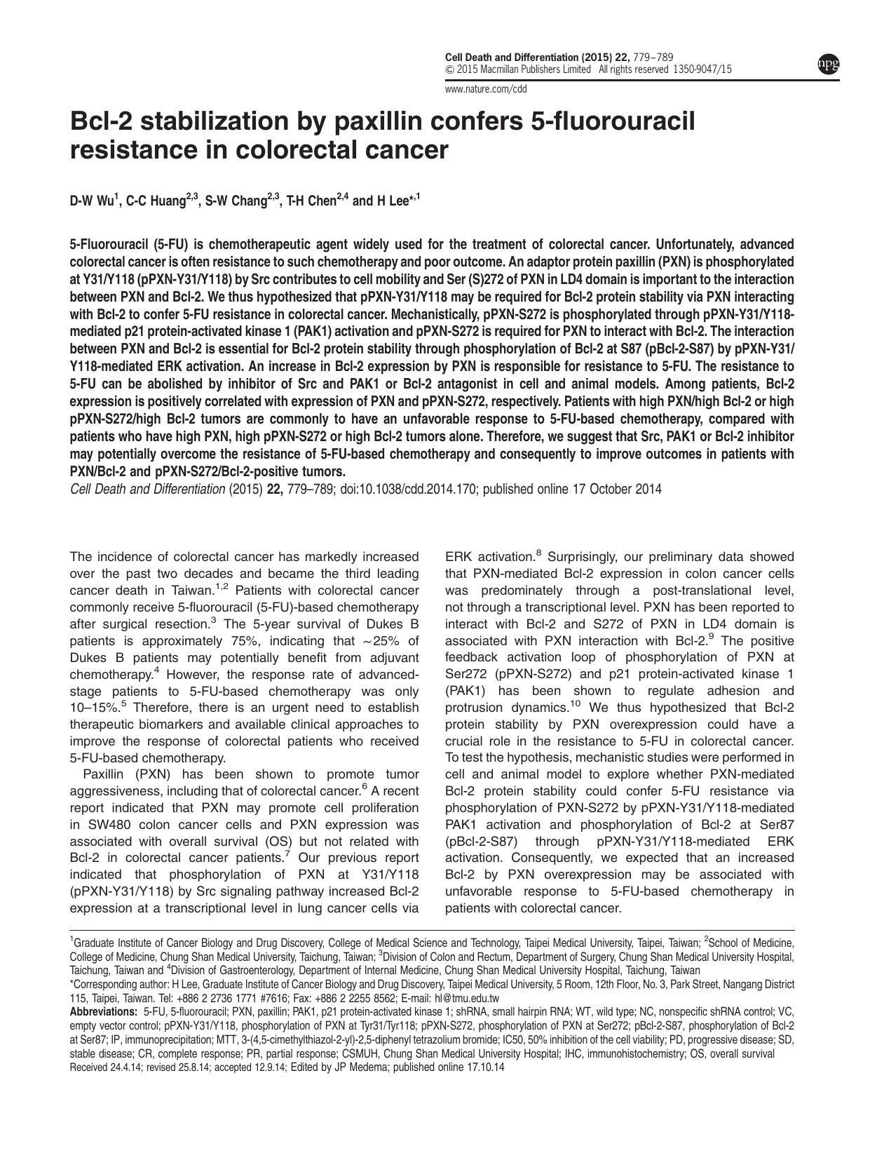 Bcl-2 stabilization by paxillin confers 5-fluorouracil resistance in colorectal cancer by D-W Wu & C-C Huang & S-W Chang & T-H Chen & H Lee