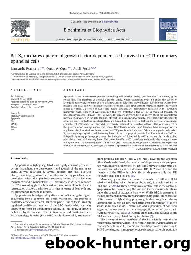 Bcl-XL mediates epidermal growth factor dependent cell survival in HC11 mammary epithelial cells by Leonardo Romorini; Omar A. Coso; Adali Pecci