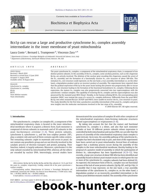 Bcs1p can rescue a large and productive cytochrome bc1 complex assembly intermediate in the inner membrane of yeast mitochondria by Laura Conte