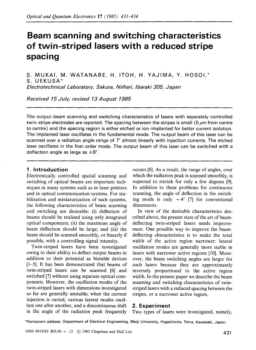 Beam scanning and switching characteristics of twin-striped lasers with a reduced stripe spacing by Unknown