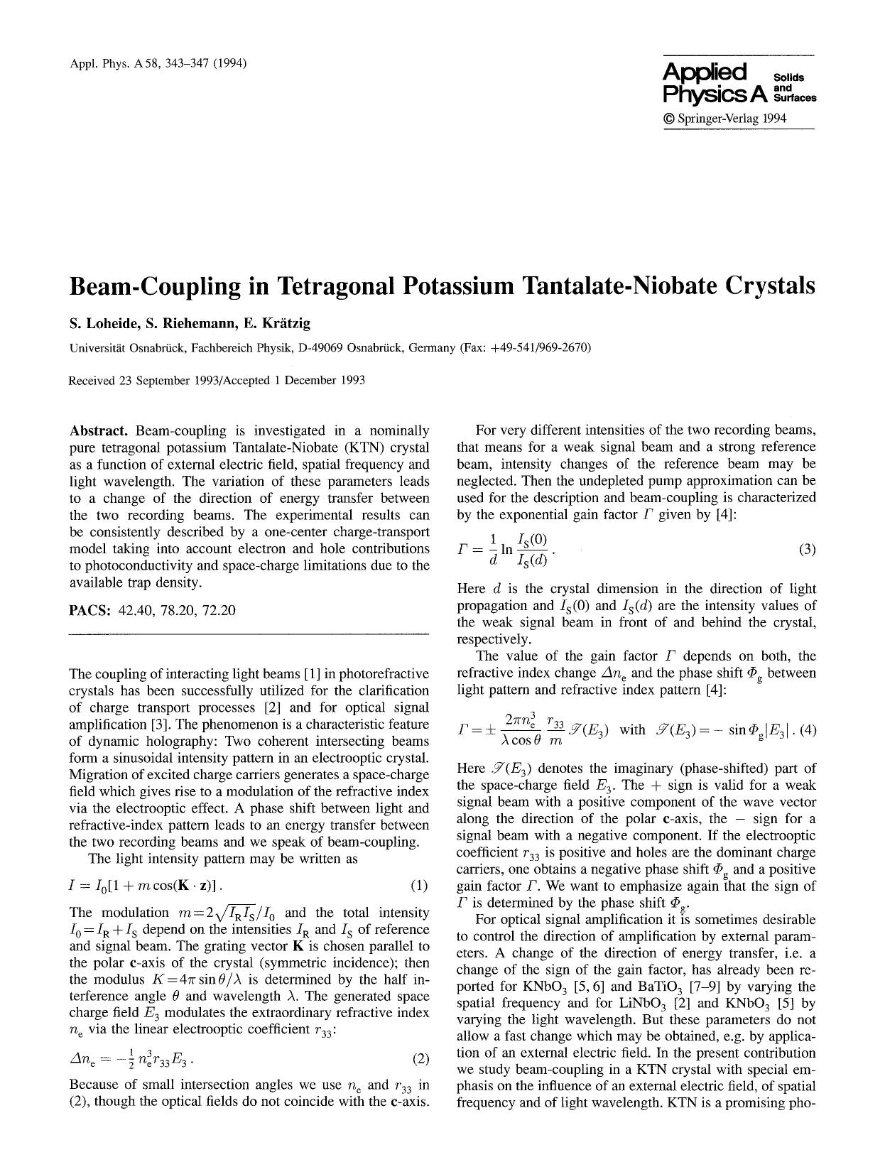 Beam-coupling in tetragonal potassium Tantalate-Niobate crystals by Unknown