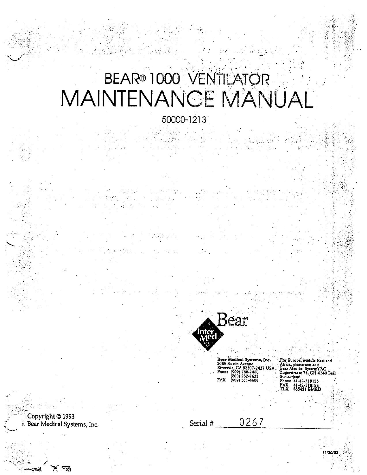 Bear 1000 Ventilator by Service manual